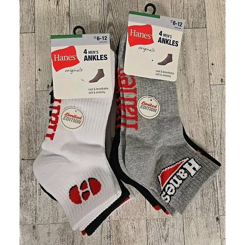 Hanes Socks ANKLES Mens 4pk Shoe Size 6-12 Lot of 2 Soft Stretchy Black White